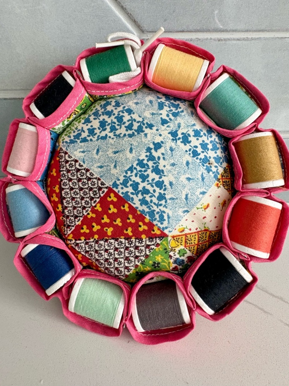 Vintage Spools Of Thread Handmade Pincushion 7" Patchwork Calico Cotton Fabric
